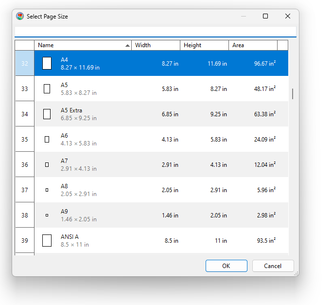 Specify page size for PDF